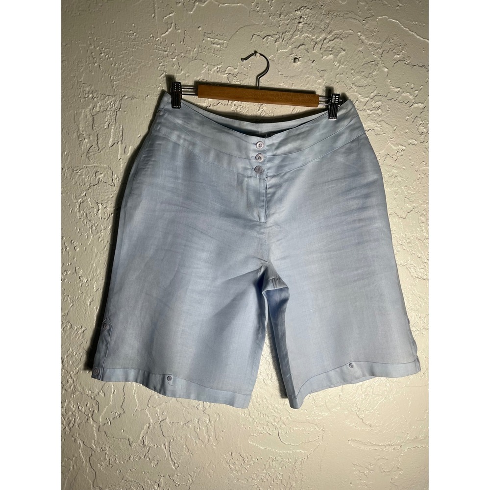 J M P 100% Linen Bermuda Shorts Womens M Blue Button Detail Coastal